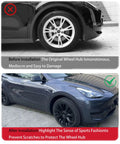 Snag These Fresh Multi Spoke Wheel Covers For Tesla Model Y 19 Inch Hubcaps 2020 To 2024 Four Piece Set That Snaps On Fast And Keeps Your Ride Looking Sweet before and after installation comparison