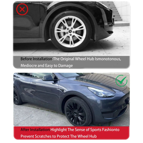 Snag These Fresh Multi Spoke Wheel Covers For Tesla Model Y 19 Inch Hubcaps 2020 To 2024 Four Piece Set That Snaps On Fast And Keeps Your Ride Looking Sweet before and after installation comparison