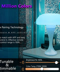 Smart table lamp with Bluetooth control and adjustable color, showing remote control features and color range settings.