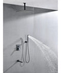 Shower System Combo with Hand Shower, 16-inch and tub spout, featuring matte black brass finish and sleek design.