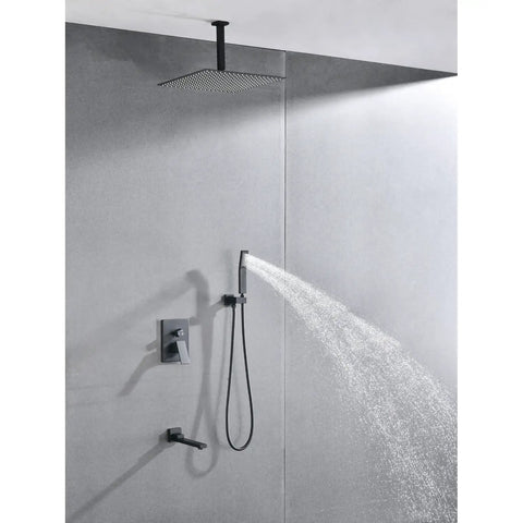 Shower System Combo with Hand Shower, 16-inch and tub spout, featuring matte black brass finish and sleek design.