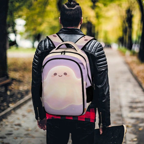Dope Spooky Ghost Jack O Lantern Printed Unisex Backpack With Large Capacity shown on person outdoors