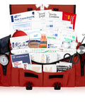 Front view of MFASCO 415-piece Emergency First Aid Kit in red reflective trauma bag with supplies