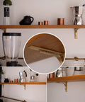 Heavy Duty Shelf Brackets Wall Mount Kickass Brass Metal Supports securing wooden shelf with kitchen items displayed.