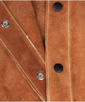 Close-up of split cowhide welding jacket with stand up corduroy collar, heavy duty abrasion resistant leather, Kevlar stitching detail