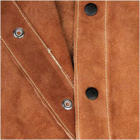 Close-up of split cowhide welding jacket with stand up corduroy collar, heavy duty abrasion resistant leather, Kevlar stitching detail