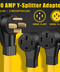 Heavy Duty 50 Amp Y Splitter Adapter Cord For Rv And Ev Charging Nema 14 50P with two female outlets and one male plug.