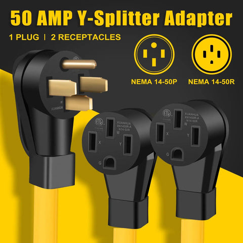 Heavy Duty 50 Amp Y Splitter Adapter Cord For Rv And Ev Charging Nema 14 50P with two female outlets and one male plug.