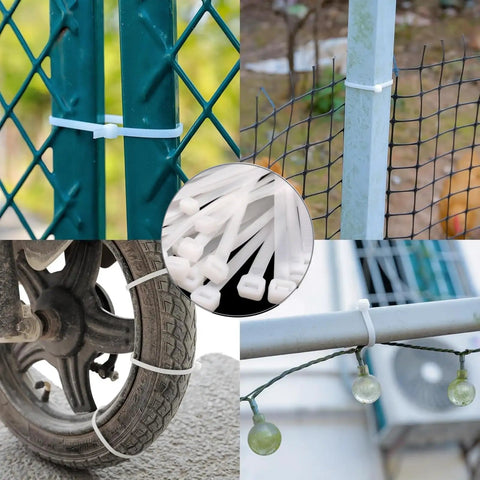White Zip Ties 12 Inch 100 Pack Heavy Duty Self Locking Nylon Cable Ties securing fences, wheels, and outdoor lights.