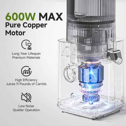Close-up of 600W max pure copper motor for Top Rated 3-In-1 Cold Press Juicer For Juice, Nut Milk And Sorbet.