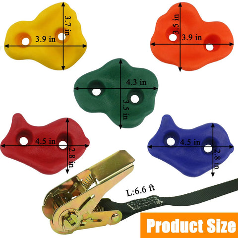 Colorful holds and ratchet strap from Ninja Tree Climbing Holds Kit With 15 Packs And 6 Ratchet Straps for Kids and Adults.