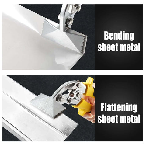 Three Inch Metal Hand Seamer With Curved Jaws bending and flattening sheet metal, showing anti-slip handles and chrome vanadium steel material.