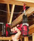 Beefy Compact Cordless Hammer Drill And Driver Kit With Half Inch Chuck And Frameless Motor in action with a wood drill bit.