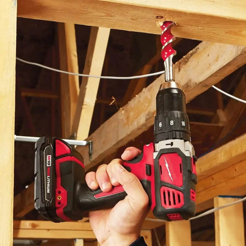 Beefy Compact Cordless Hammer Drill And Driver Kit With Half Inch Chuck And Frameless Motor in action with a wood drill bit.