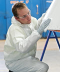 Person wearing Disposable Coveralls A35 With Hood White 2XL Liquid And Particle Protection Microporous Film Laminated PPE Suit
