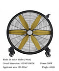 Heavy Duty Six Blade Industrial Floor Fan Featuring Quick Rotary Dials with 36-inch blades, metal frame, suitable for warehouses.