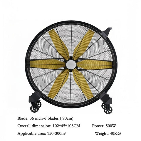 Heavy Duty Six Blade Industrial Floor Fan Featuring Quick Rotary Dials with 36-inch blades, metal frame, suitable for warehouses.