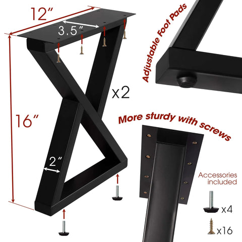 Beefy 16 Inch Heavy-Duty Metal Table Legs Set Of 2 Black With Double Triangle Z Shape Design, includes screws and foot pads