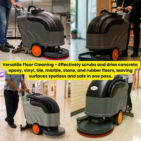 Self Propelled 22 Inch Walk Behind Floor Scrubber Dryer with forward and reverse drive in use on different floor types indoors