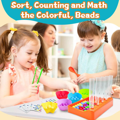 Kickstart Early Math Skills With This Awesome Color Sorting And Counting Toy Set For Toddlers, featuring colorful beads and sorting trays.