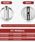 Frigidaire Gas Range Stove Knobs Replacement Kit, Universal ABS Control Knobs front and back view with fit models list