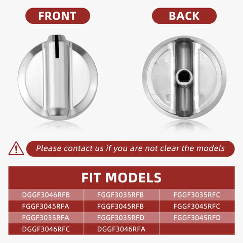 Frigidaire Gas Range Stove Knobs Replacement Kit, Universal ABS Control Knobs front and back view with fit models list