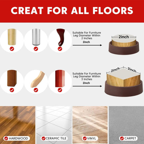 Diagram showing furniture leg compatibility with Heavy Duty Rubber Furniture Floor Protectors 2x2 Round Caster Cups Anti Slip Bed Stopper For Couch Sofa Chair Legs Non Scratch Brown 4 Pack Protects Hardwood Floors Scratch Resistant Quiet Glide No Tools Required Easy Install on various floor types.