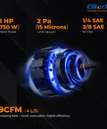Heavy Duty 9 Cfm Hvac Vacuum Pump With 1 Hp Dual Stage Rotary Vane Motor showing motor details and pumping rate.