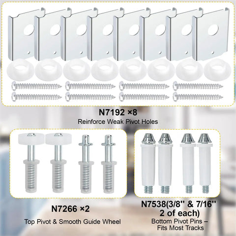 DIY Ready Bi-Fold Door Repair Kit For Two 1-3/8 Inch Wood Doors With 8 Heavy Duty N7192 Brackets, 2 Sets N7266 Top Pivot And Guide Wheel, And N7538 Bottom Pivot Pins displayed on a table