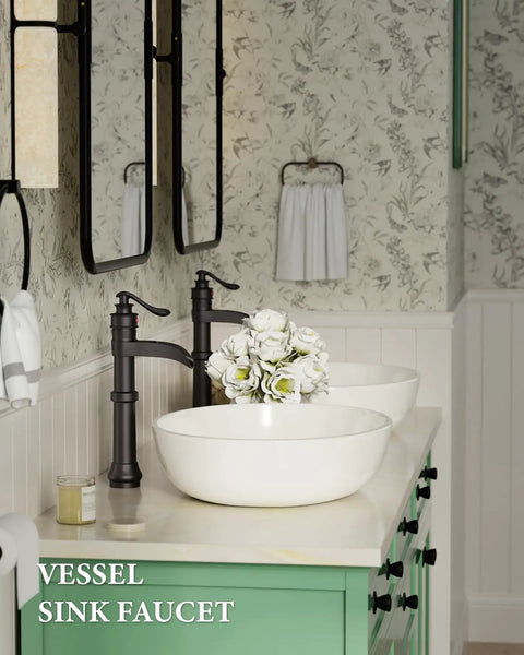 Matte Black Vessel Sink Faucet With Pop Up Drain Waterfall Style Farmhouse Single Hole Lavatory Tap Antique Bowl Look One Handle Includes Supply Lines No Overflow next to white sink on green vanity