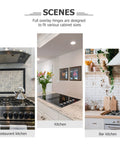 Scenes showing various kitchen settings with full overlay hinges, including restaurant, home, and bar kitchens.