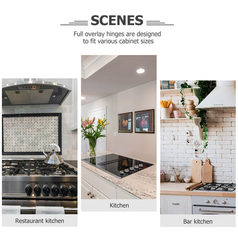 Scenes showing various kitchen settings with full overlay hinges, including restaurant, home, and bar kitchens.