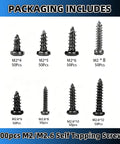 400 Piece M2 And M2.6 Black Self Tapping Truss Head Screw Assortment Kit With Phillips Drive, assorted sizes displayed.