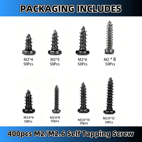 400 Piece M2 And M2.6 Black Self Tapping Truss Head Screw Assortment Kit With Phillips Drive, assorted sizes displayed.