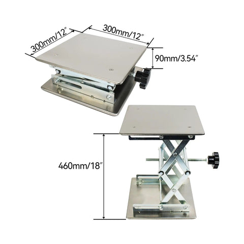Heavy Duty Stainless Steel Scissor Lift Table For Labs, 12x12 platform, adjustable height up to 18 inches, chemical resistant.