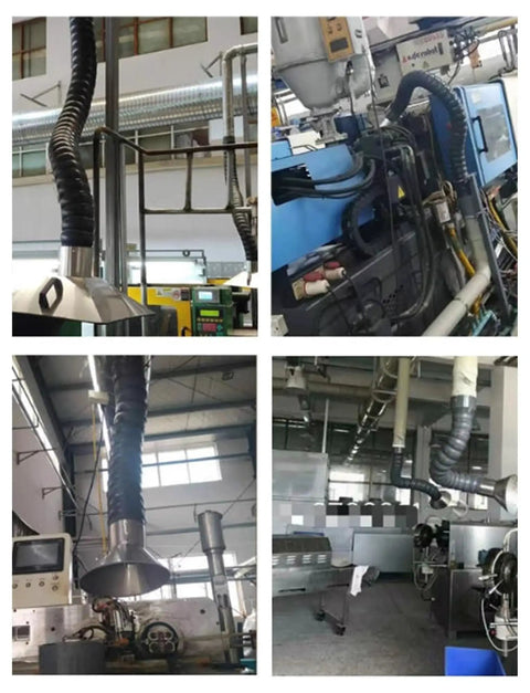 Flexible Fume Extractor Arm With Three Sixty Degree Hood For Quick Smoke And Dust Removal In Workshops Crafted Tough From High Temp Plastic One Ten Mm Diameter One Hundred Cm Long For Solid Industrial Performance, shown in a workshop setting.