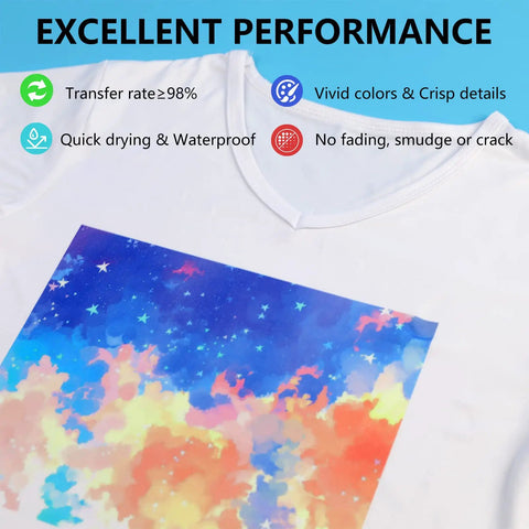 Vivid color transfer on t-shirt using 8.5x11 Sublimation Paper 150 Sheets 105G High Ink Release For Tumblers Mugs And T Shirts