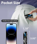 Infrared Pin Hole Camera Finder And Wireless Detector in hand next to phone, showing pocket-sized dimension for travel.