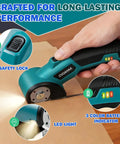 Cordless Electric Scissors With Slick Design And Heavy Duty Motor For Zero Sweat Cardboard Cutting Fabric Trimming Leather Cutting And Plastic Snipping That Gets The Job Done Without Any Fuss, featuring LED light and safety lock.