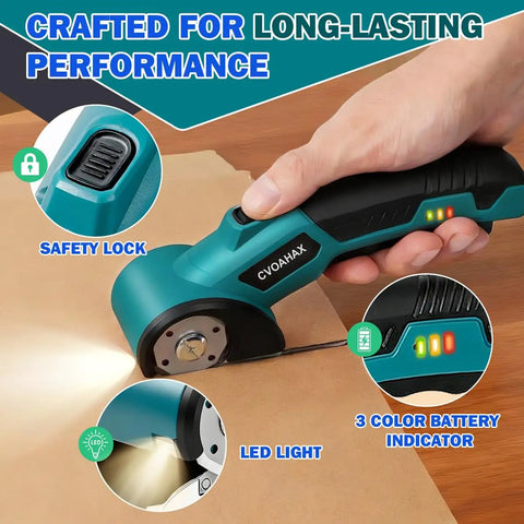 Cordless Electric Scissors With Slick Design And Heavy Duty Motor For Zero Sweat Cardboard Cutting Fabric Trimming Leather Cutting And Plastic Snipping That Gets The Job Done Without Any Fuss, featuring LED light and safety lock.