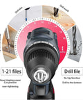 No Sweat Cordless Drill And Screwdriver Power Tool Kit With Heavy Duty Wood Metal Masonry Bits For Quick Fix Home Improvement And Diy Projects Compact Handheld Set, showing gear settings and bit types.