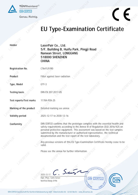 EU Type-Examination Certificate for Top Shelf OD7 Laser Protection Safety Glasses For 532nm 755nm 1064nm.