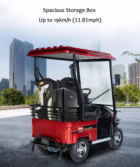 Kick Back And Roll With This Hella Durable Electric Golf Cart Featuring A Robust 800 Watt Motor Roomy Cargo Hold And Extended Mileage For Carefree Adult Day Trips Around Town with spacious storage box.