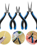 Three Piece Pliers Set for DIY Jewelry Making and Repairs With Carbon Steel Build, Sturdy Lightweight Tools and Non Slip Grips, Easy to Use Crafting Kit for Cutting, Bending, Wire Trimming, blue handles