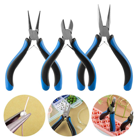 Three Piece Pliers Set for DIY Jewelry Making and Repairs With Carbon Steel Build, Sturdy Lightweight Tools and Non Slip Grips, Easy to Use Crafting Kit for Cutting, Bending, Wire Trimming, blue handles
