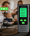 3 In 1 EMF Detector For Home And Office Use With Tri Color LCD And Audible Alerts Detects AC Magnetic Electric And Microwave EMF Fields Near Smart Meters And Cell Towers, handheld black device