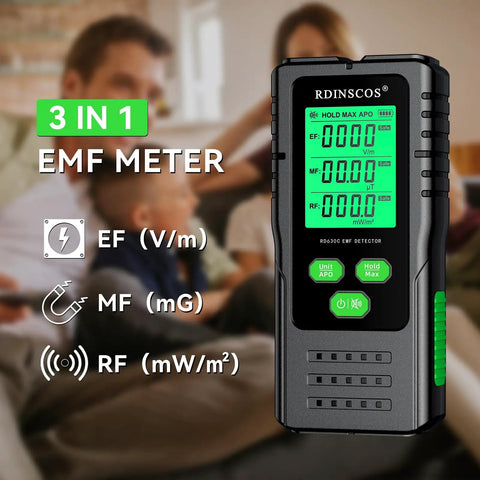 3 In 1 EMF Detector For Home And Office Use With Tri Color LCD And Audible Alerts Detects AC Magnetic Electric And Microwave EMF Fields Near Smart Meters And Cell Towers, handheld black device