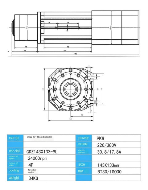 Technical drawing of Heavy Duty 9KW Air Cooled Spindle Motor Dual Voltage 220V 380V for CNC Machine Tools