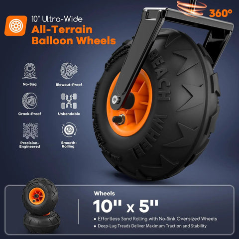 Close-up of 10-inch all-terrain balloon wheel for 38 Inch Collapsible Beach Wagon With 10 Inch Balloon Wheels For Sand.