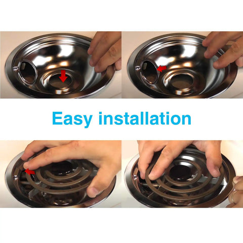 Easy installation of Stove Drip Pan Set 4 Pack Replacement Bowls For Electric Stoves 6 Inch And 8 Inch Burners Fits 316048413